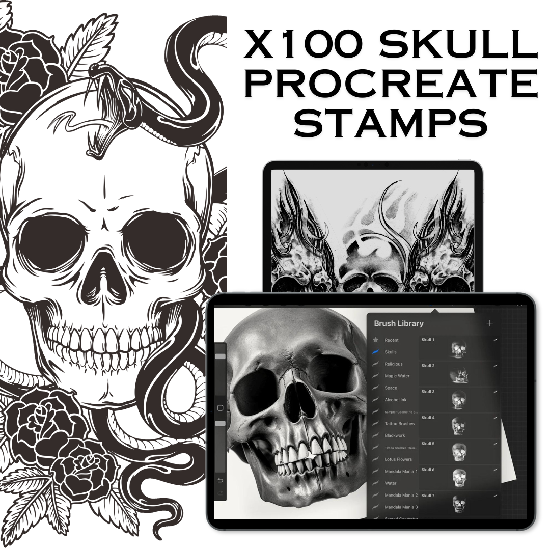 100 Skull Procreate Stamps for Tattoo & Art Designs