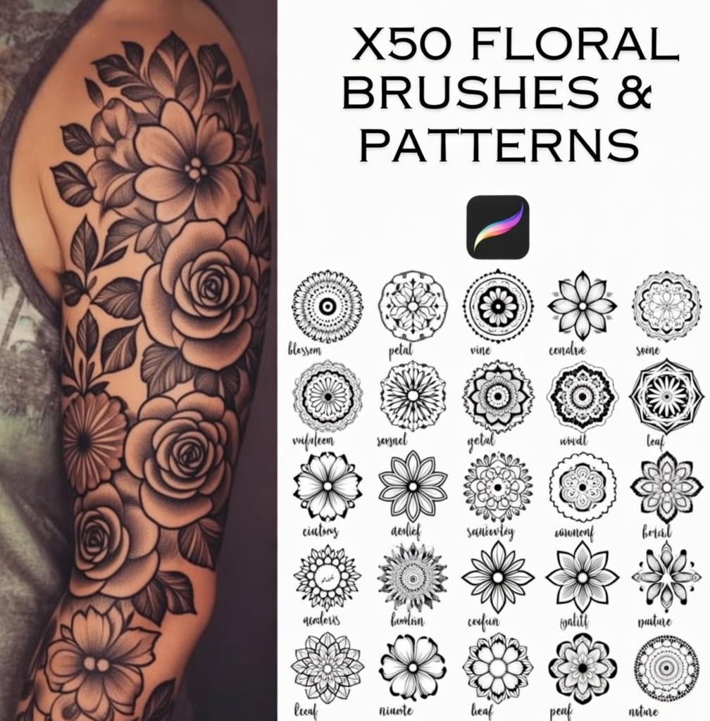 50 Floral Brush Set – Procreate Brushes for Fine Line Botanical Tattoos